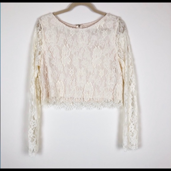 Maniju Tops - Maniju White Lace Detail Long Sleeve Crop Top XL